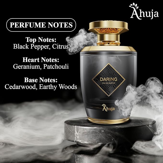 AHUJA Daring Eau De Parfum 3.4 Fl Oz – Long Lasting Perfume for Men w/Pepper & Citrus, Geranium & Patchouli – Bold Masculine Fragrance w/Fresh & Earthy Notes for Everyday Wear – Elegant Gift Scent