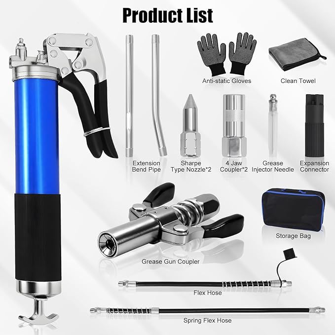 Heavy Duty Grease Gun Kit, 8000 PSI Pistol Grip Grease Gun, 14 oz Capacity, Includes case, 11&18 Inch Resin Flex Hose, 2 Basic Coupler, 1 Double Handle Coupler and more accessories for grease uses