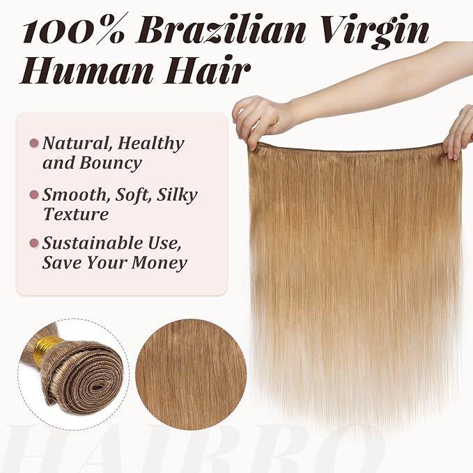 Hairro Sew in Hair Extensions Real Human Hair, 100g/bundle Weave Weft for Women Adding Volume and Length, for DIY Beauty Dating Party, 16 Inch One Bundle Straight Dark Blond