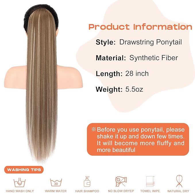 SEIKEA 28" Ponytail Extensions Drawstring Long Straight Fake Pony Tail Natural Soft Clip in Hair Extension Synthetic Heat Resistant Hairpiece - Ash Brown with Platinum Blonde Hightlights
