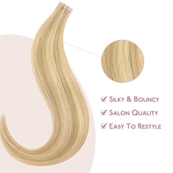 WENNALIFE Tape in Hair Extensions Human Hair Light Blonde Highlighted Golden Blonde Tape in Extensions, 10pcs 20g 12 inch Remy Invisible Tape Ins Straight Soft Real Human Hair Tape in Extensions