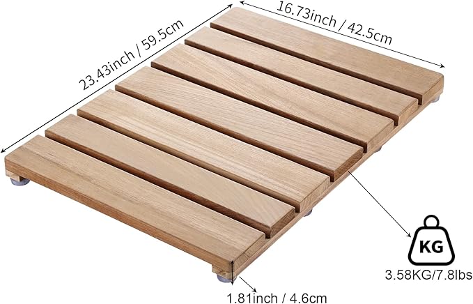 Natural Teak Wood Shower Bath Mat,23.43 * 16.73 Inches,Non-Slip Rubber Feet, Premium Wooden Floor Mats for Spa, Sauna, Pool and Hot Tub, Flooring Decor and Protector, Indoor and Outdoor Use