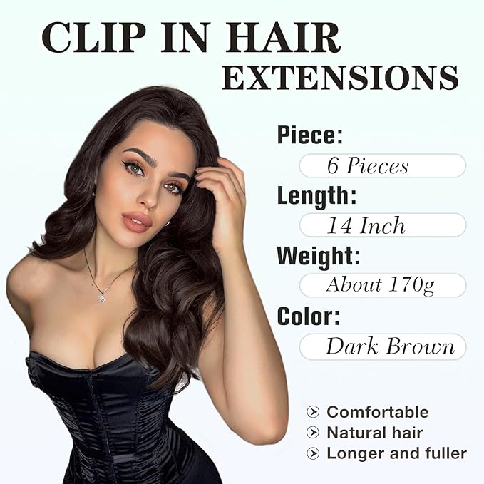 NAYOO Clip in Hair Extensions for Women 14 Inch Short Wavy Curly Dark Brown Hairpieces Full Head Synthetic Hair Hairpieces(6PCS,Dark Brown)