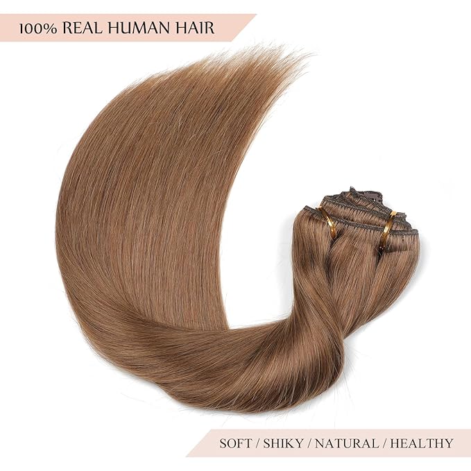 Sisily Clip in Hair Extensions Real Human Hair, 18 inch 150g, Medium Light Brown, 100% Brazilian Remy Human Hair Clip in Extensions Soft Straight 7pcs Per Set with 16 Clips Double Weft