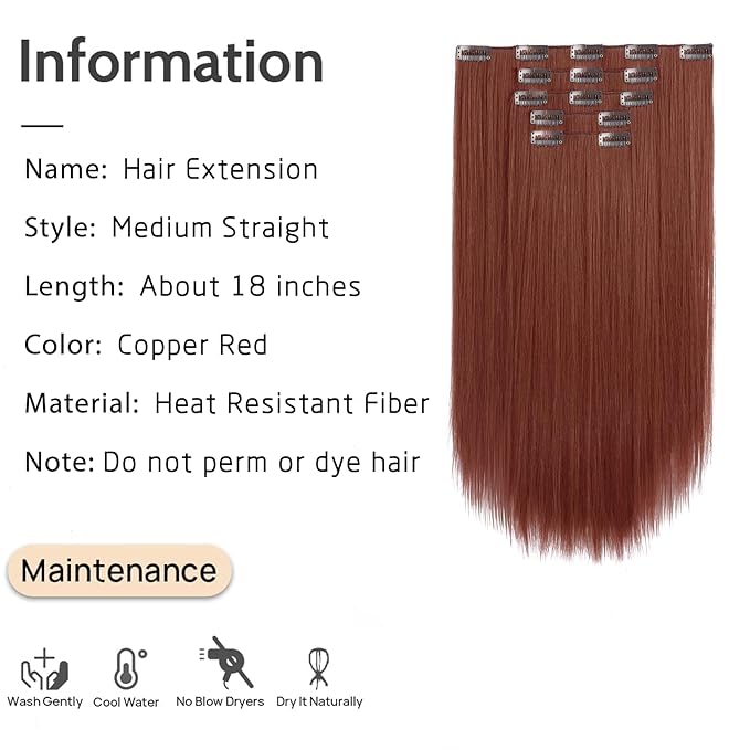 Hair Extension Clips Straight Invisible 18 Inch Long Thick Synthetic Clip in Extensions 5PCS Soft and Beautiful Copper Red Hairpieces Heat Resistant for Women Weddings Party Daily Use 6.5 Oz