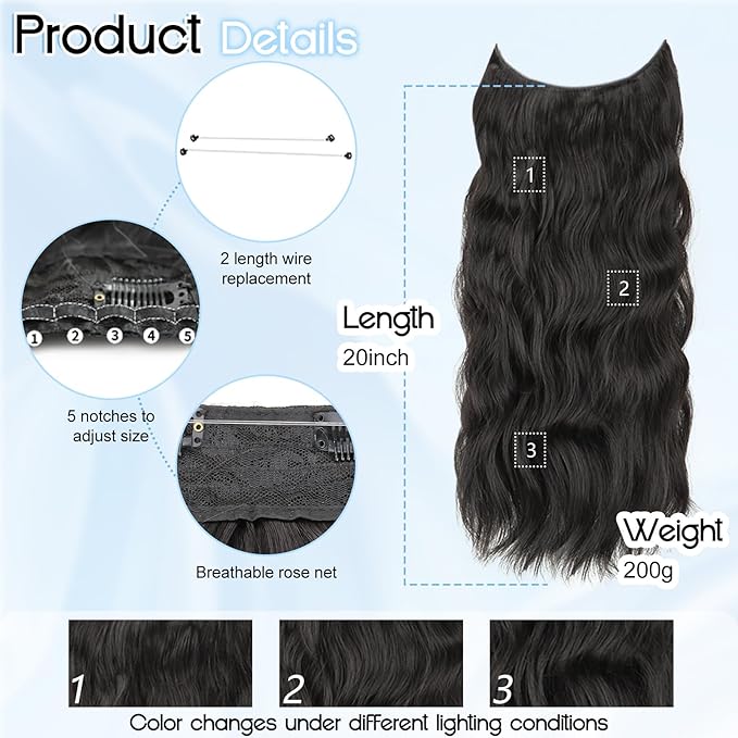Black Invisible Wire Hair Extensions Long Wavy Synthetic Hairpiece with 4 Secure Clips for Women 20 Inch Clip in Hair Extensions