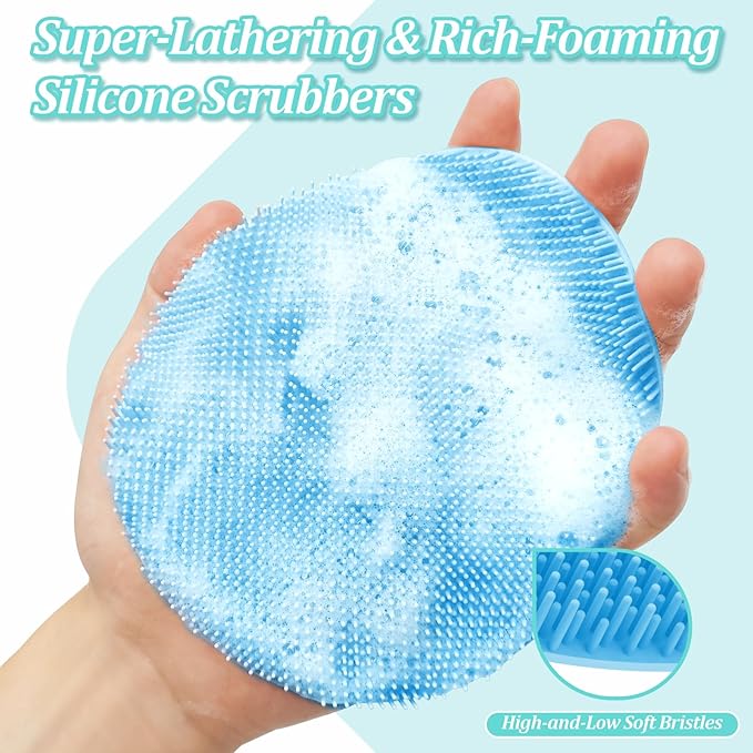 Soft Silicone Bath Glove & Face Scrubber Set 2PCS, 360° Anti-Slip & Hand-fit Body Scrubber for Rich Foaming Deep Cleaning, Unique Facial Scrubber with Side-bristles for Contoured Areas.(Blue)