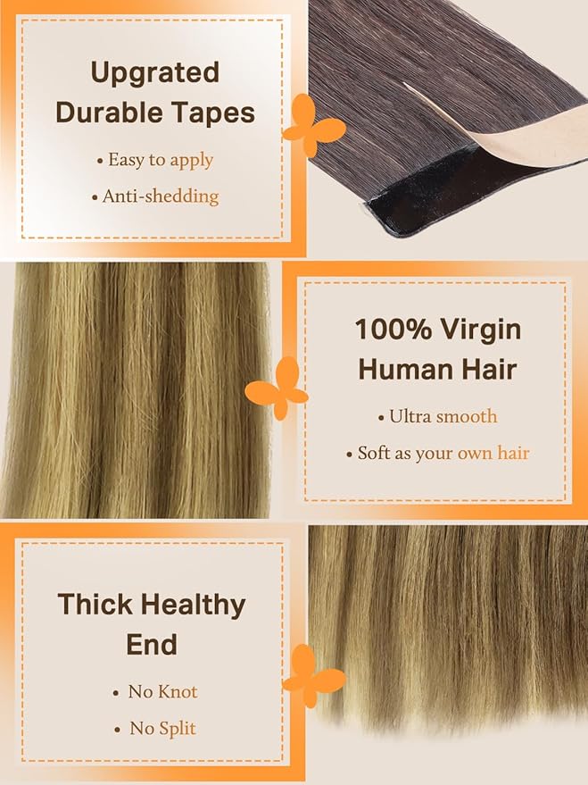 DOORES Medium Brown Highlighted Dirty Blonde 12 Inch 40pcs 80g Human Hair Extensions - Natural Invisible Tape In
