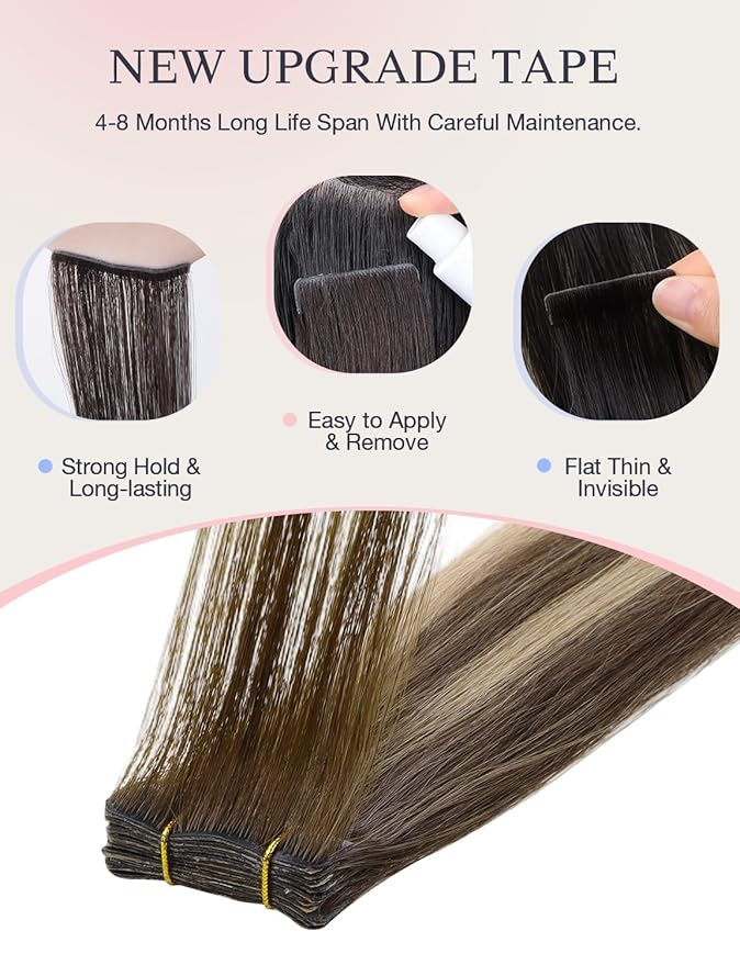DOORES Invisi Edge Tape in Hair Extensions Human Hair, Chocolate Brown to Honey Blonde 10 Injection Tape-ins with 10 Classic Tape-ins 50g 16 Inch, Virgin Tape in Extensions
