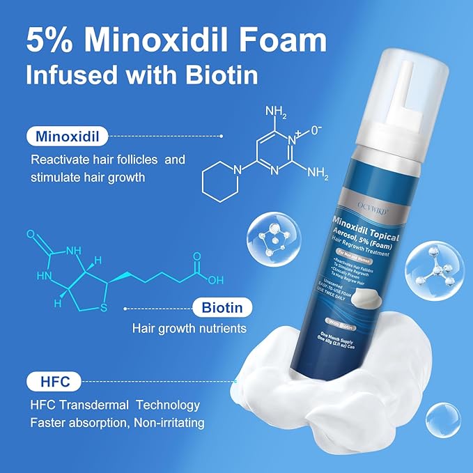 5% Minoxidil Foam, Biotin-Infused, Unisex Adult, Hair Growth Treatment, Unscented, Foam, 14.77 Ounce, 7-8Month Supply, Supports Thicker and Fuller Hair & Beard （Extra Strength）