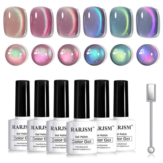 RARJSM Aurora Diamond Ceramic Cat Eye Gel Nail Polish Set 6pcs Sparkly Multi Color Galaxy Milkyway Glitter Glassy Cateye Gelpolish with Magnet Stick 7.5ml Curing Requires Soak Off for Home Salon
