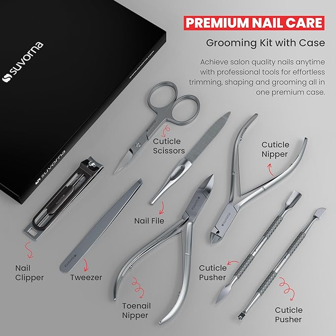 Suvorna Manicure Pedicure set with Toenail Clippers, Cuticle Nippers, Nail Clippers, Nail Scissors, 2 Cuticle Pusher, Nail File & Tweezer - Made with Stainless Steel - Nail Care kit (Black, 8 Pcs)