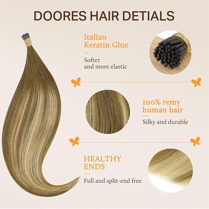DOORES Itip Hair Extensions Real Human Hair, Medium Brown Highlighted Dirty Blonde 50g/100s 14 Inch, Keratin Bond Hair Extensions Hair Extensions For Women