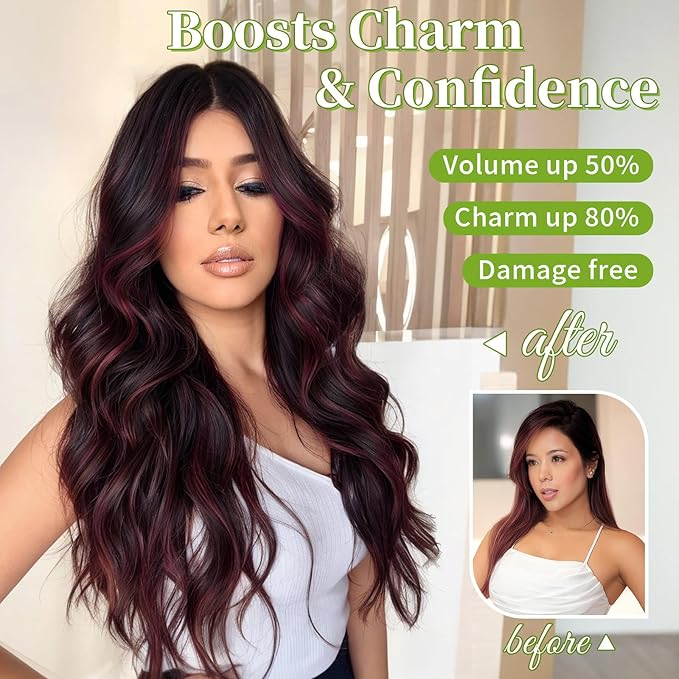 KooKaStyle Invisible Wire Hair Extensions with Transparent Headband Adjustable Size 4 Secure Clips Long Wavy Secret Wire Hairpiece 20 Inch Burgundy mix Dark Brown for Women
