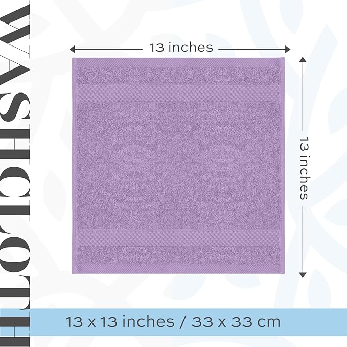 White Classic Luxury Cotton Washcloths 13x13 Inch - 650 GSM Turkish Cotton | Hotel, Spa, Bathroom Face Towel | 12 Pack, Lavender