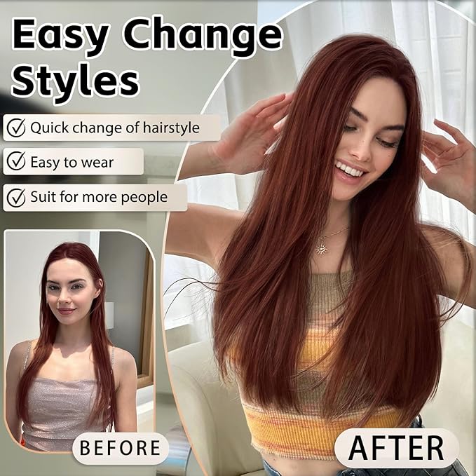 Hair Extension Clips Straight Invisible 18 Inch Long Thick Synthetic Clip in Extensions 5PCS Soft and Beautiful Copper Red Hairpieces Heat Resistant for Women Weddings Party Daily Use 6.5 Oz