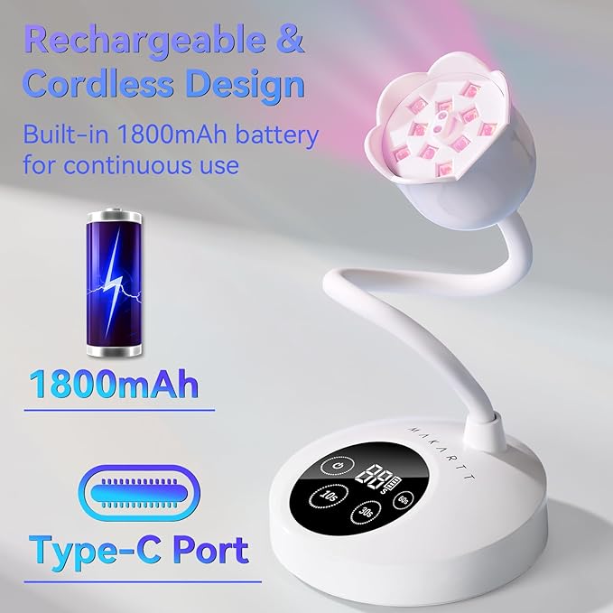 Makartt Mini UV Light for Gel Nails Polish Luminoza 30W Rechargeable LED Nail Dryer Lamp with 4 Timers & Auto Sensor, Fast Curing Goosenecks Lamp for Home DIY Manicure, Black & White