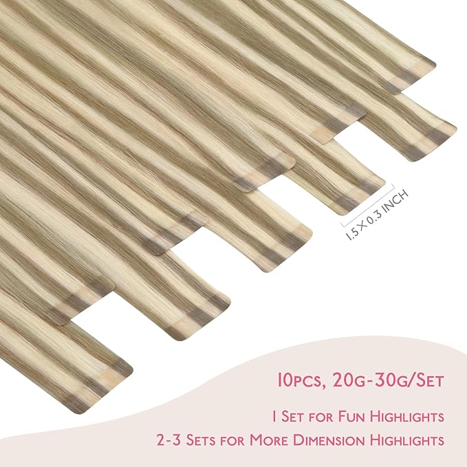 WENNALIFE Tape in Hair Extensions Human Hair Ash Brown with Platinum Blonde Highlights, 10pcs 30g 24 inch Remy Hair Invisible Tape Ins Straight Colored Soft Refill Set