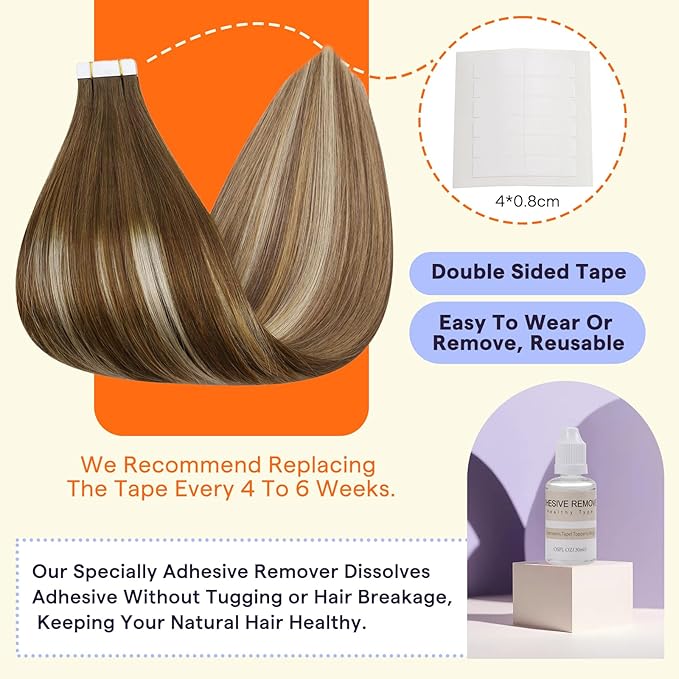 Full Shine Tape in Hair Extensions 20 Inch Color 4/27/60/8 Medium Brown Ombre Blonde and Ash Brown Invisible Double Sided Tape in Extensions Human Hair 20PCS Straight Remy Hair 50grams for Party
