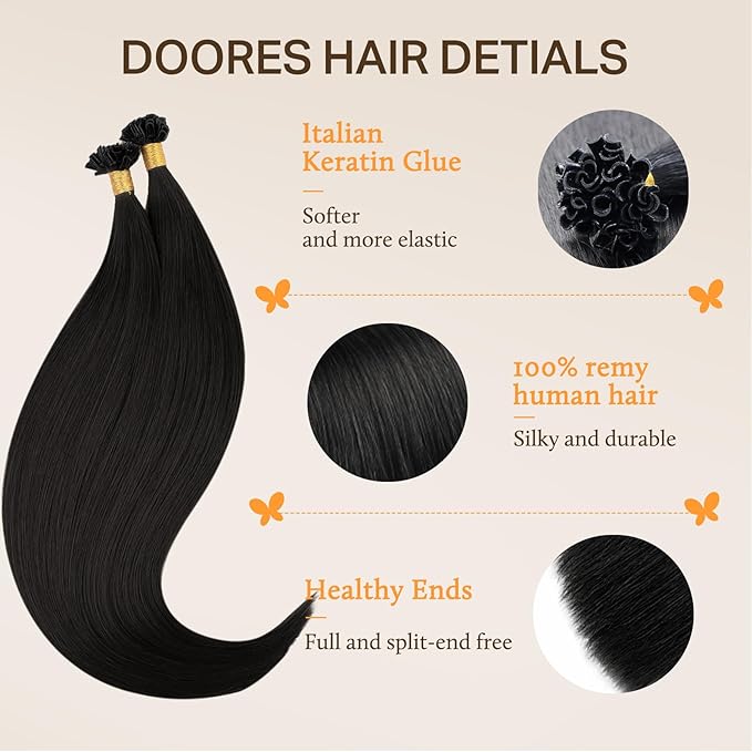 DOORES Ktip Human Hair Extensions, Natural Black 22 Inch 50g/50s, U Tip Extensions Straight Keratin