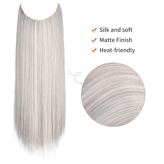 REECHO Invisible Wire Hair Extensions with Transparent Headband Adjustable Size Removable Secure Clips in Straight Secret Hairpiece for Women (12Inch(Pack of 1), Grey/Brown/Silver/White Mixed)