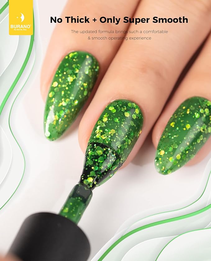 BURANO Glitter Gel Nail Polish, LED UV Nail Gel Shimmer Holographic Effect Soak off DIY Nail Salon (Green LP8)