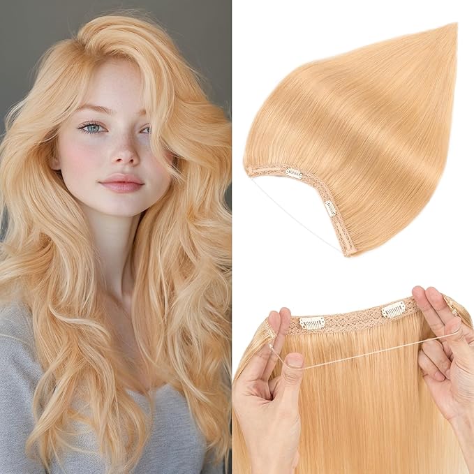 Halo Hair Extensions Real Human Hair,Halo Hair Extension 100% Human Hair, Wire Hair Extensions,Straight 24 Honey Blonde 18inch/65g