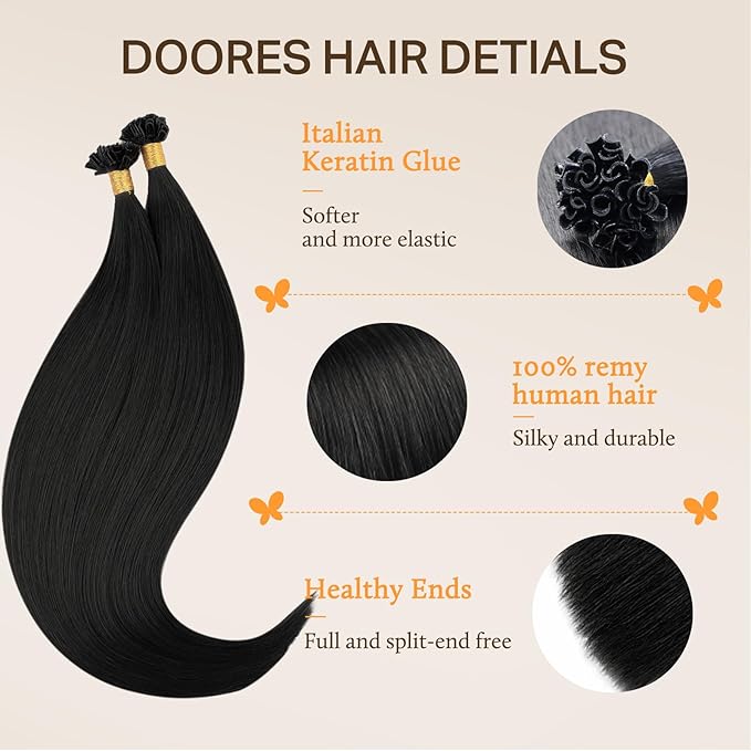 DOORES K Tips Hair Extensions Human Hair, Jet Black 20 Inch 50g/50s, Utip Extensions for Women