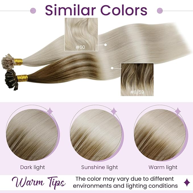 LaaVoo U Tip Hair Extensions Human Hair Light Brown Fading to Light Blonde Ombre Ktip Human Hair Extensions 18 inch 1g/1s 50set