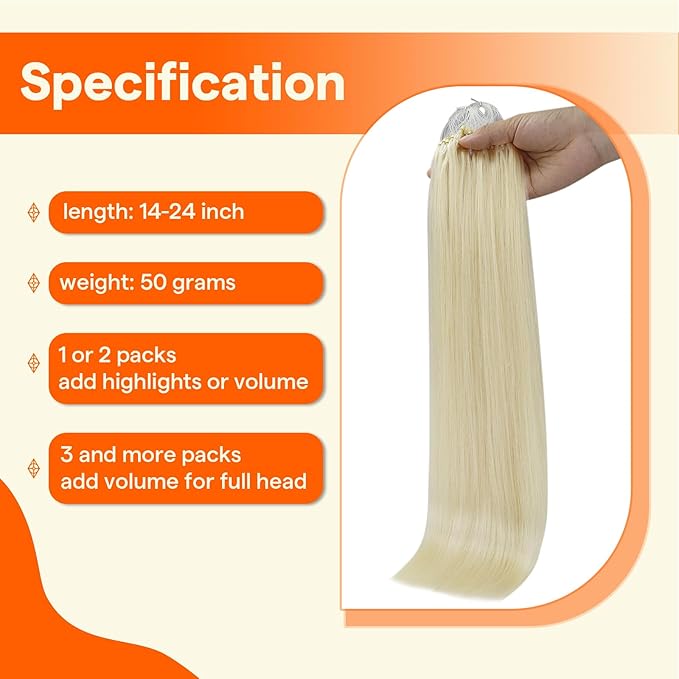 Full Shine Micro Loop Hair Extensions Human Hair 16 Inch Color 60 Platinum Blonde Prebonded Micro Link Hair Extensions Human Hair for Women 50G with 7G Micro Beads add Volume