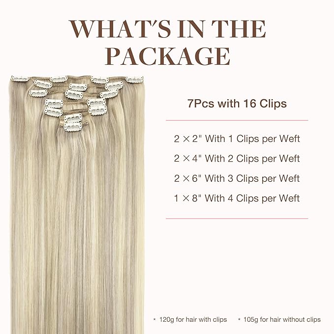 GOO GOO Clip in Hair Extensions Real Human Hair, Remy Human Hair Extensions Clip ins for Women, Natural Human Hair, 22inch 120g 7Pcs, 17A/60A Ash Blonde Highlighted Platinum Blonde