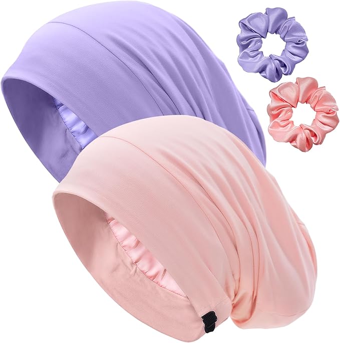 Satin Lined Bonnet for Sleeping Women Men - Adjustable Sleep Cap, Slouchy Beanie Hair Wrap for Curly Braid Locs