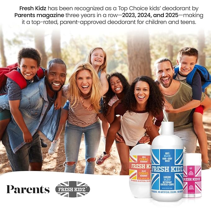 Fresh Kidz Deodorant Stick for Kids and Teens - Baking Soda and Aluminum-free 24 Hour Protection for Sensitive Skin - Boys "Blue", 2.65 oz / 75 g