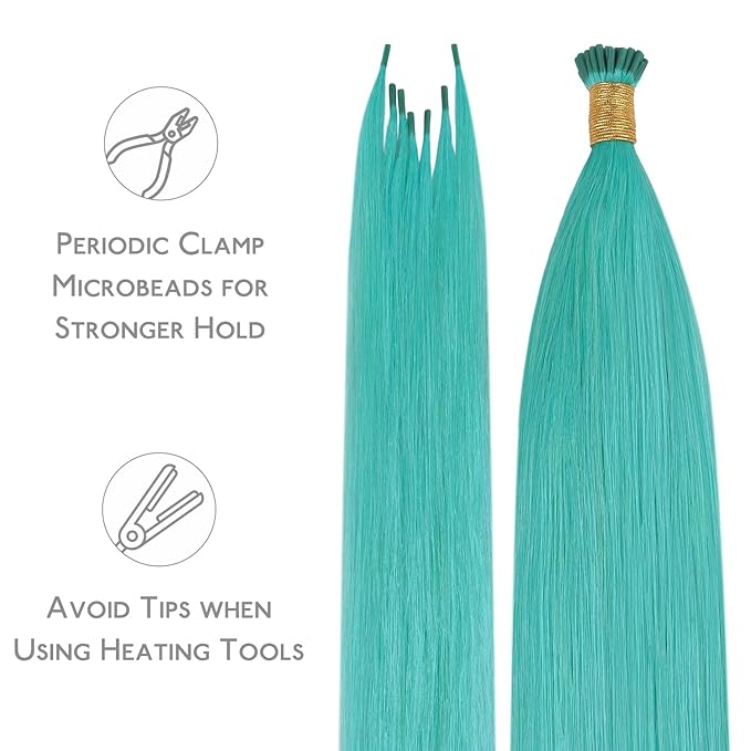 WENNALIFE I Tip Hair Extensions Human Hair, 50g 50s 18 Inch Teal Green Remy Itip Human Hair Extensions Invisible Itips Straight I Tips Fusion Extensions Real Human Hair