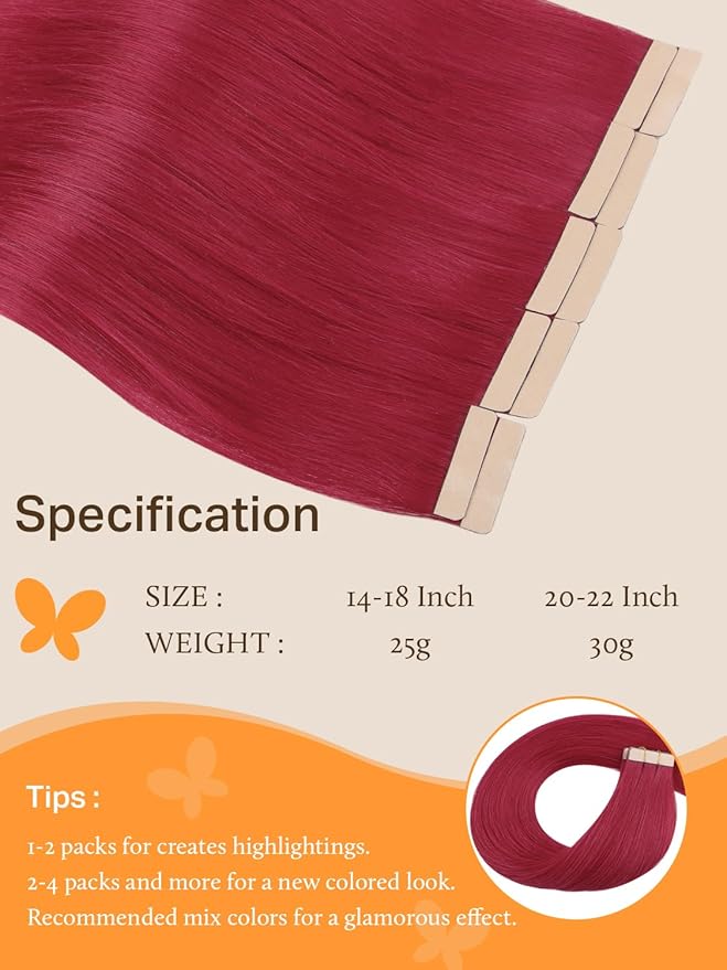 DOORES Burgandy Red Remy Hair Extensions, 18 Inch - 25g 10pcs Tape-In