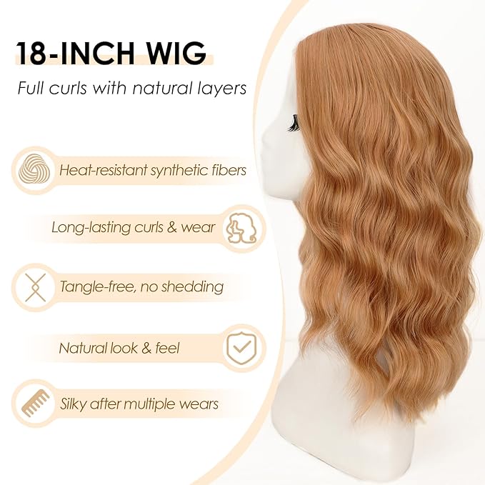 AISI HAIR Strawberry Blonde Wig for Women Medium Length Wave Curly Glueless Synthetic Heat Resistant Hair Wigs for Daily Party Cosplay