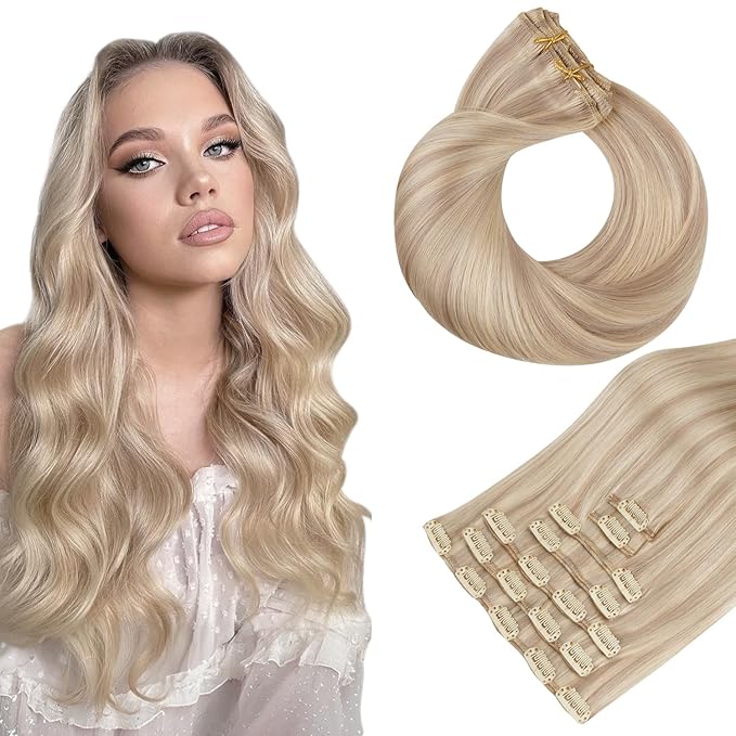 HOTBANANA Human Hair Clip in Hair Extensions, Icy Blonde Highlighted Platinum Blonde Hair Extensions 120g Real Human Hair Straight Remy Hair Clip Ins 20 Inch 7pcs