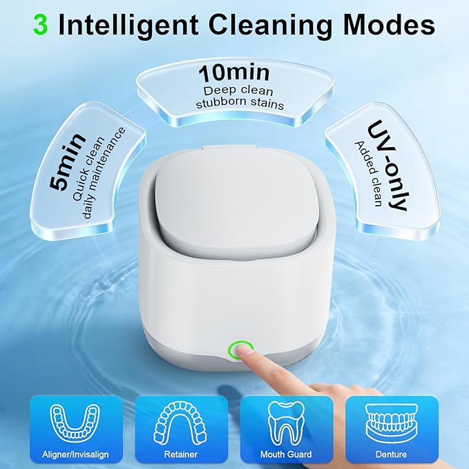 Ultrasonic Retainer Cleaner, 45kHz Retainer Cleaner Machine for Denture, Night Guard, Mouth Guard, Aligner, Brace, 24W Dental Cleaning Pod with 4 UV Lights, 200ml, Multiple Cleaning Modes