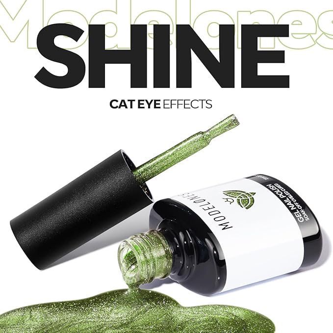 modelones Cat Eye Gel Nail Polish Glitter Green Polish with Magnet Sparkle Galaxy Series Nail Polish Soak Off Led Reflective Nail Art Gel Top Coat Manicure Salon DIY 15 ML