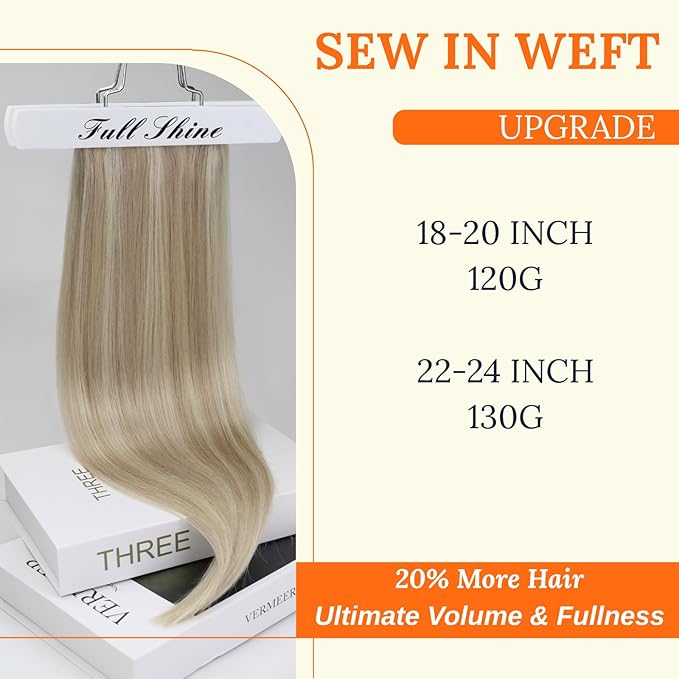 Full Shine Weft Hair Extensions Color Ash Blonde Highlight Platinum Blonde Thick Human Hair Sew In Extensions For Women Invisible Weft Extensions Soft Silky Hair 18 Inch 120G