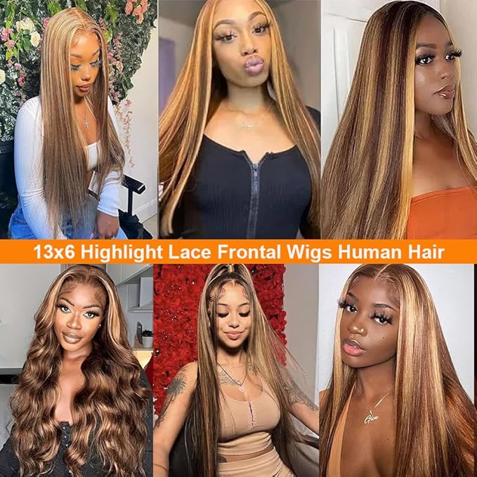 Tuneful 28 Inch 180 Density Honey Blonde Ombre 13X6 HD Lace Frontal Wig Human Hair Glueless Highlight 4/27 Colored Straight Lace Front Wigs Human Hair Pre Plucked for Women