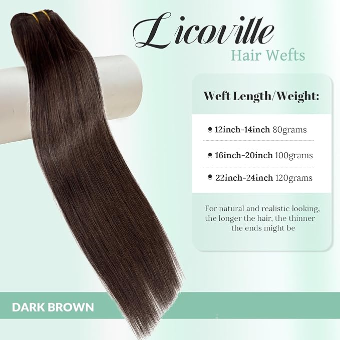 Dark Brown Human Hair Extensions Sew in 16 Inch 100G Straight Brown Sew in Hair Extensions Real Human Hair Bundles Soft Natural Hand Tied Hair Extension Wefts for Women