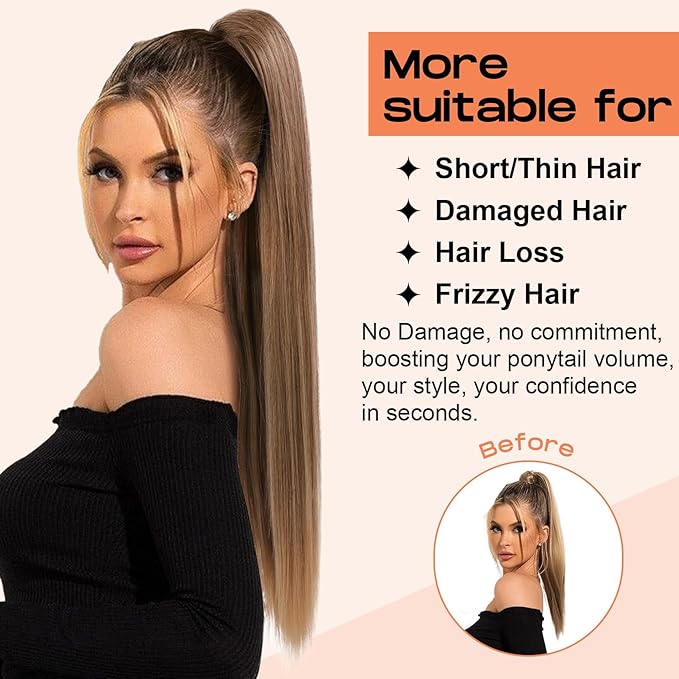 SEIKEA Ponytail Extensions Drawstring Long Straight Fake Pony Tail Natural Soft Clip in Hair Extension Synthetic Heat Resistant Hairpiece 20 Inch Black Brown