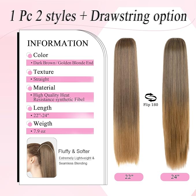 Ponytail Extension, 24" Long Straight Claw Clip Ponytail Extension clip on ponytails hair clip Hair claw clip Fake Ponytail Hairpieces for Women – Dark Brown with Golden Blonde End