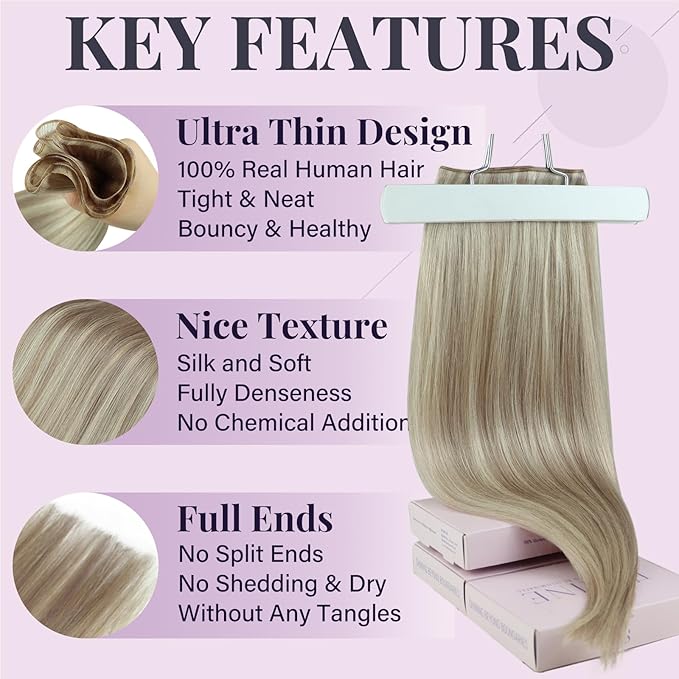 Fshine Genius Weft 16 Inch 50g Ash Blonde Highlighted Bleach Blonde Sew in Hair Extensions Remy Human Weave Real Human Hair for Women Genius Weft Natural