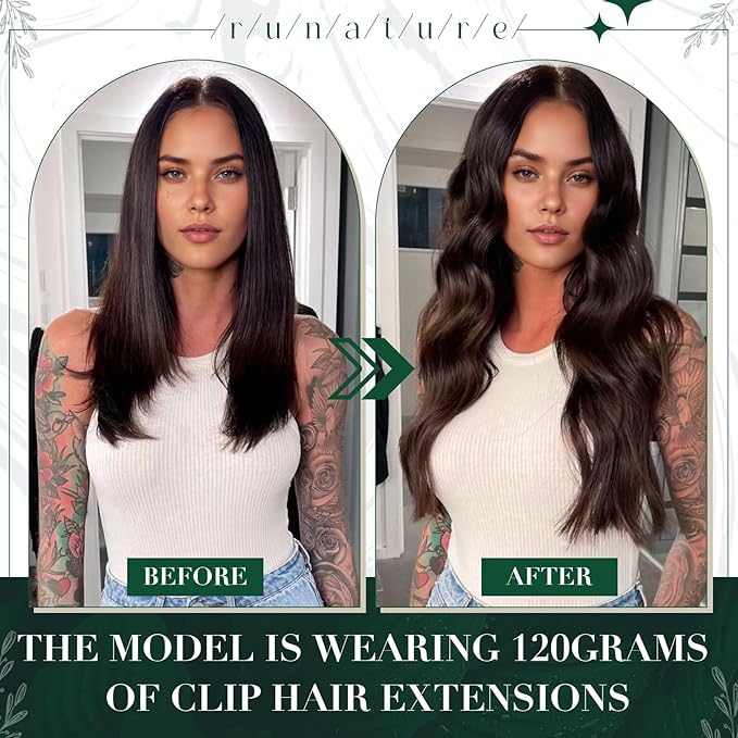 RUNATURE Clip in Hair Extensions Real Human Hair, Straight Hair Extensions Clip ins, Tangle Free Double Weft Remy Hair, Daily Wearing, 18 Inch 50g 3pcs #1B Off Black
