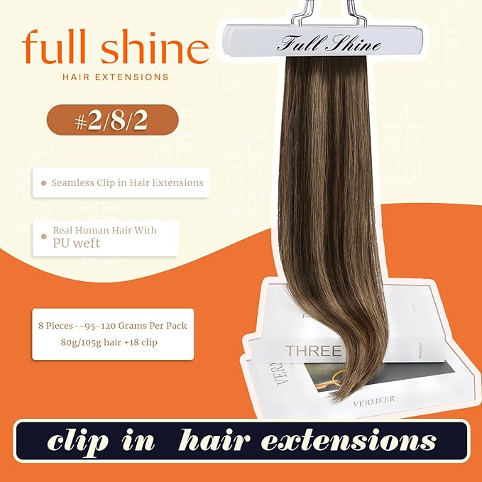 Full Shine Human Hair Clip in Extensions Balayage Dark Brown to Ash Brown Highlights Hair Extension Clip ins with Thick Ends for Women 18 Inch 120 Grams 8 PCS