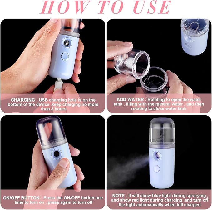 Honoson 2 Nano Facial Mister Sprayer Portable Face Nano Mister for Eyelash Extensions USB Rechargeable 1 oz Handy Skin Care Machine for Face Hydrating, Daily Makeup(Blue and Dark Pink)