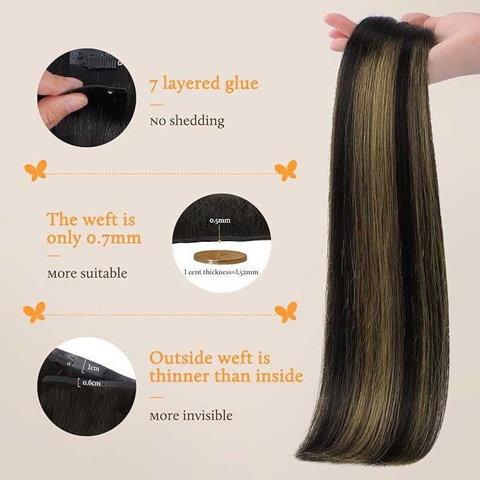 DOORES Seamless Clip-in Hair Extensions, Real Human Hair, Natural Black & Mixed Chestnut Brown, 110g, 7pcs, 20 Inch Straight, Invisi Edge