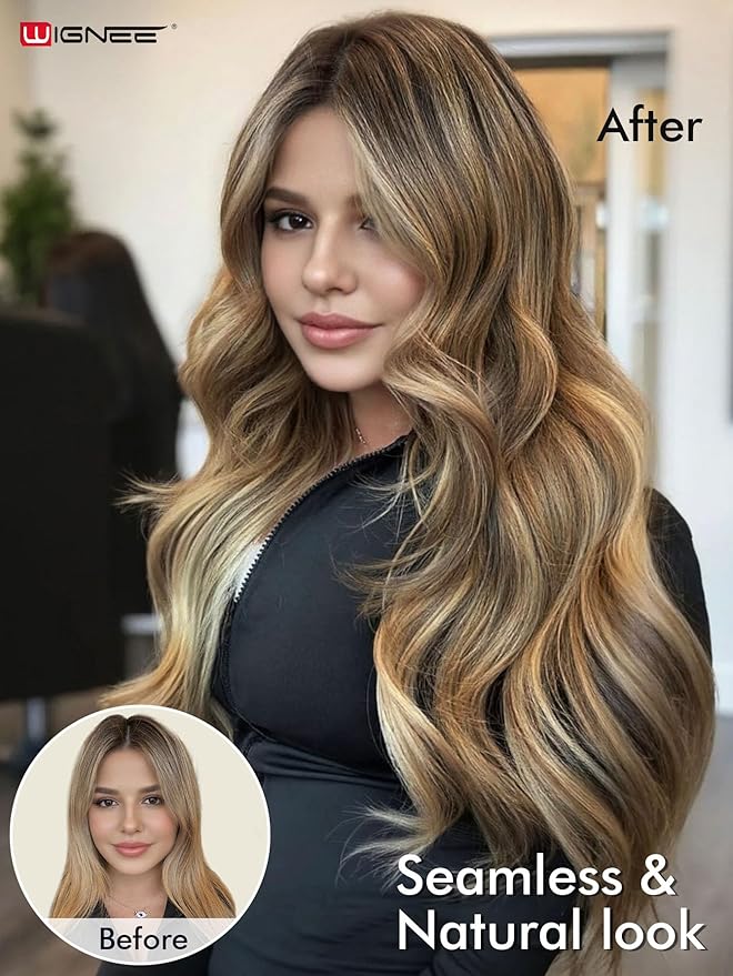 WIGNEE 12 Inch Double Invisible OVO Highlight Honey Blonde Human Hair Extensions 2 PCS,No Glue Hair Weft with Holes,Trimmable & Reusable 13 Inches Width Wefts for Short/Thin Hair,Salon Quality (T4/27)